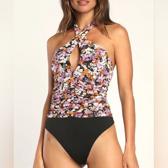Lulu's Blossoming Perfection Black Floral Mesh Cutout Halter Bodysuit Size Small - Picture 1 of 6